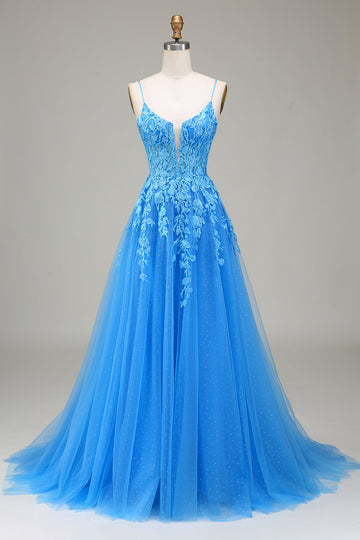 A-Line Spaghetti Straps Blue Tulle Formal Dress With Appliques